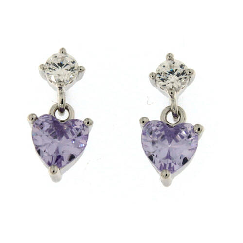 Amen stud earrings with lavander heart-shaped pendant, 925 silver and rhinestones 1