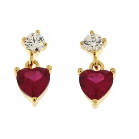 Amen stud earrings with red heart-shaped pendant, gold plated 925 silver and rhinestones
