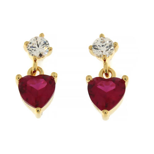 Amen stud earrings with red heart-shaped pendant, gold plated 925 silver and rhinestones 1