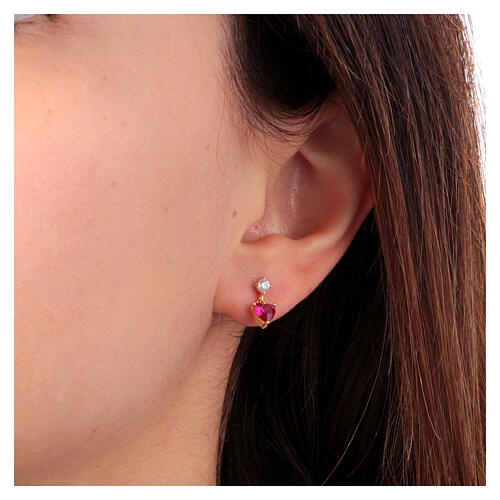 Amen stud earrings with red heart-shaped pendant, gold plated 925 silver and rhinestones 2