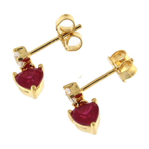 Amen stud earrings with red heart-shaped pendant, gold plated 925 silver and rhinestones 3