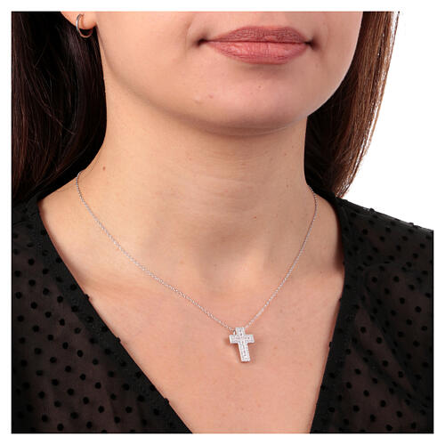 Amen necklace with Latin cross, rhodium-plated silver and rhinestones 2