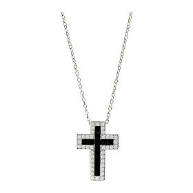 Amen necklace with Latin cross, rhodium-plated silver and rhinestones, black and white