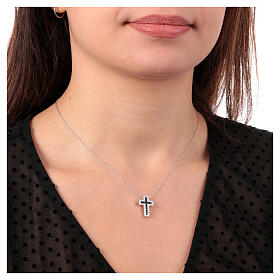 Amen necklace with Latin cross, rhodium-plated silver and rhinestones, black and white