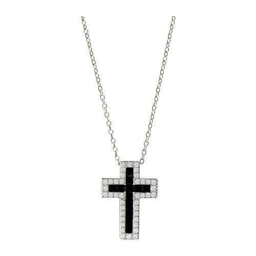 Amen necklace with Latin cross, rhodium-plated silver and rhinestones, black and white 1