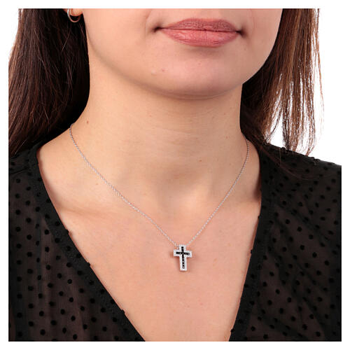 Amen necklace with Latin cross, rhodium-plated silver and rhinestones, black and white 2