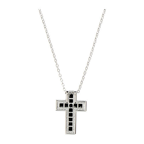 Amen necklace with Latin cross, rhodium-plated silver and rhinestones, black and white 3