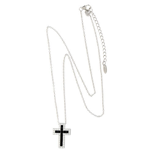 Amen necklace with Latin cross, rhodium-plated silver and rhinestones, black and white 4
