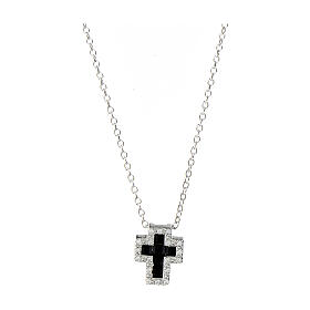 Amen necklace with small cross, rhodium-plated silver and rhinestones, black and white
