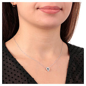 Amen necklace with small cross, rhodium-plated silver and rhinestones, black and white