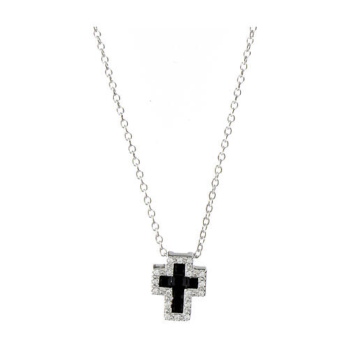 Amen necklace with small cross, rhodium-plated silver and rhinestones, black and white 1