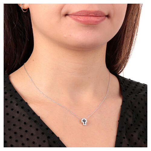 Amen necklace with small cross, rhodium-plated silver and rhinestones, black and white 2