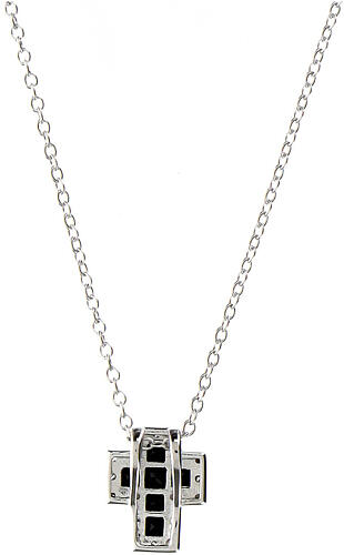 Amen necklace with small cross, rhodium-plated silver and rhinestones, black and white 3