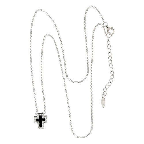 Amen necklace with small cross, rhodium-plated silver and rhinestones, black and white 4