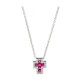Amen necklace with small cross, rhodium-plated silver and rhinestones, red and white