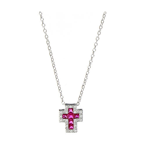 Amen necklace with small cross, rhodium-plated silver and rhinestones, red and white 1