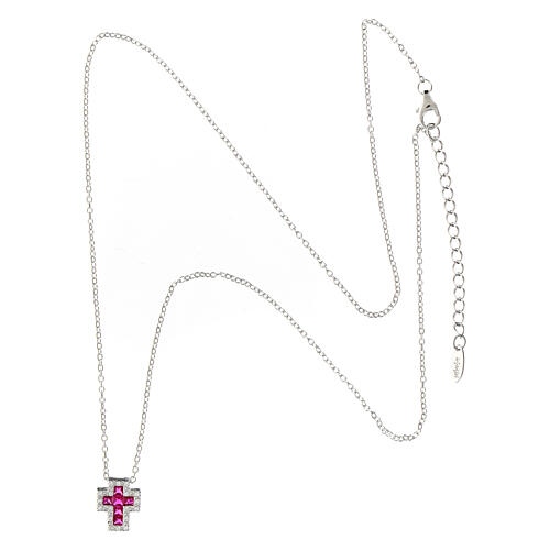 Amen necklace with small cross, rhodium-plated silver and rhinestones, red and white 4