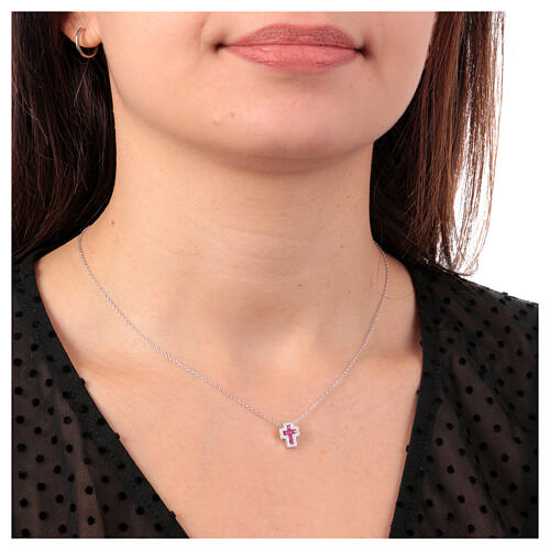 Amen Cross necklace in silver and pink zircons 2