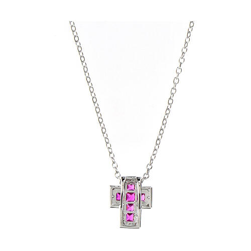 Amen Cross necklace in silver and pink zircons 3