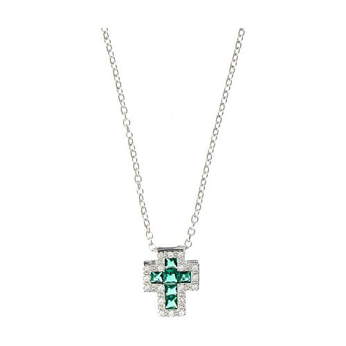 Amen necklace with small cross, rhodium-plated silver and rhinestones, green and white 1