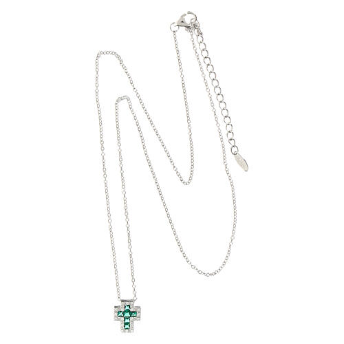 Amen necklace with small cross, rhodium-plated silver and rhinestones, green and white 4