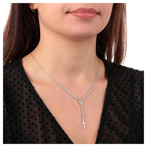 Amen necklace with cross and Miraculous medal with white zircons 2