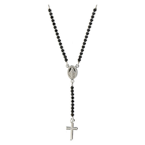 Amen rosary-shaped necklace with Miraculous Medal and cross, black rhinestones 1