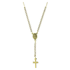 Amen rosary-shaped necklace with Miraculous Medal and cross, gold plated silver and white rhinestones
