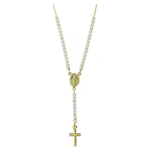Amen rosary-shaped necklace with Miraculous Medal and cross, gold plated silver and white rhinestones 1