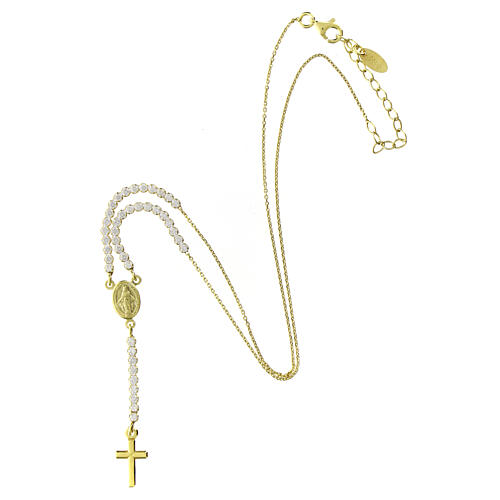 Amen rosary-shaped necklace with Miraculous Medal and cross, gold plated silver and white rhinestones 3