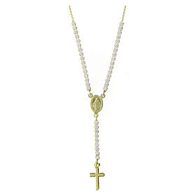 Golden rosary necklace with cross and Miraculous white zircons Amen