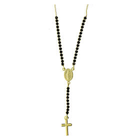 Amen rosary-shaped necklace with Miraculous Medal and cross, gold plated silver and black rhinestones