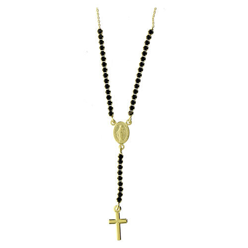Amen rosary-shaped necklace with Miraculous Medal and cross, gold plated silver and black rhinestones 1