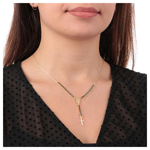Amen rosary-shaped necklace with Miraculous Medal and cross, gold plated silver and black rhinestones 2