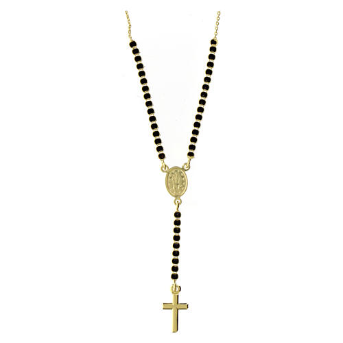 Amen rosary-shaped necklace with Miraculous Medal and cross, gold plated silver and black rhinestones 3