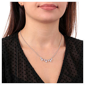 Amen necklace of rhodium-plated silver with white rhinestone dangle charms, hearts and circles