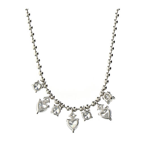 Amen necklace of rhodium-plated silver with white rhinestone dangle charms, hearts and circles 3