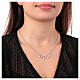 Amen necklace of rhodium-plated silver with white rhinestone dangle charms, hearts and circles s2