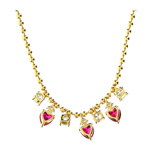 Halskette Amen aus vergoldetem Silber mit roten und weißen Zirkonherzen 3