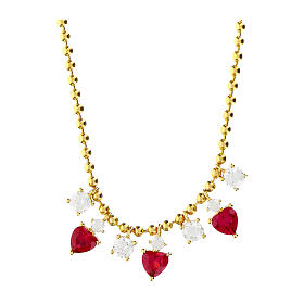 Amen necklace of gold plated silver with white and red rhinestone dangle charms, hearts and circles