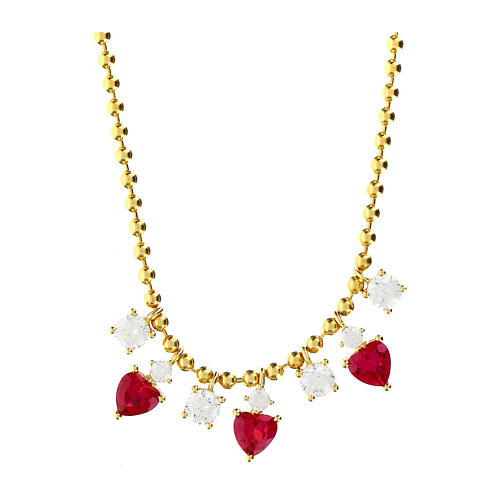 Amen necklace of gold plated silver with white and red rhinestone dangle charms, hearts and circles 1