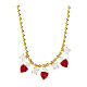 Amen necklace of gold plated silver with white and red rhinestone dangle charms, hearts and circles s1