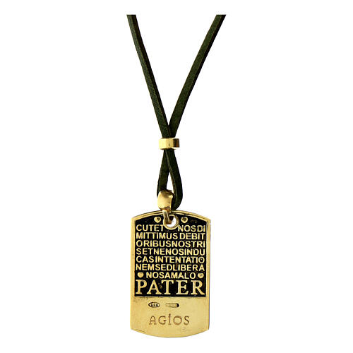 Colar Pater Agios prata 925 dourada e couro verde 44 cm 2