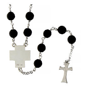 Agios rosary necklace of rhodium-plated silver and black beads, 28 in