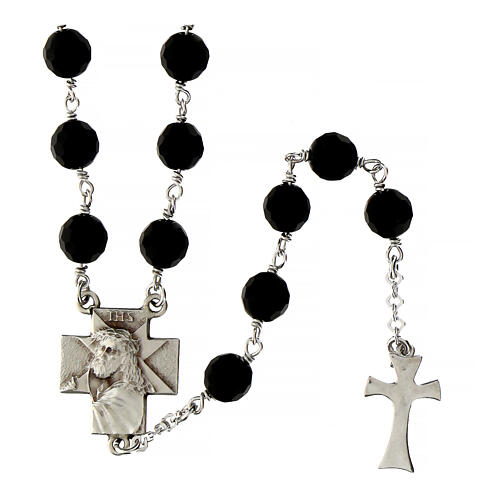 Agios rosary necklace of rhodium-plated silver and black beads, 28 in 1