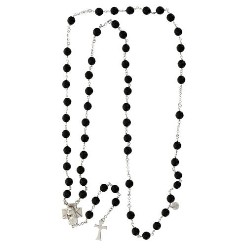 Agios rosary necklace of rhodium-plated silver and black beads, 28 in 4