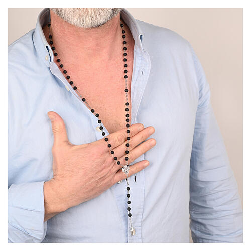 Rosary necklace rhodium-plated black stones and silver cross 70 cm Agios 2