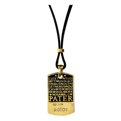 Colar Pater Agios prata 925 dourada e couro azul escuro 44 cm 2