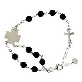 Agios bracelet of rhodium-plated 925 silver, black beads and cross, 8 in