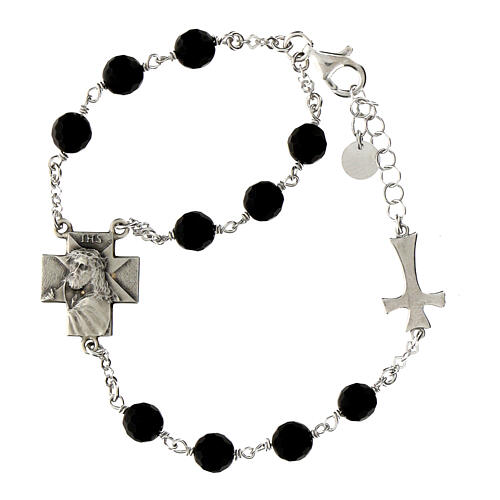 Agios bracelet of rhodium-plated 925 silver, black beads and cross, 8 in 1
